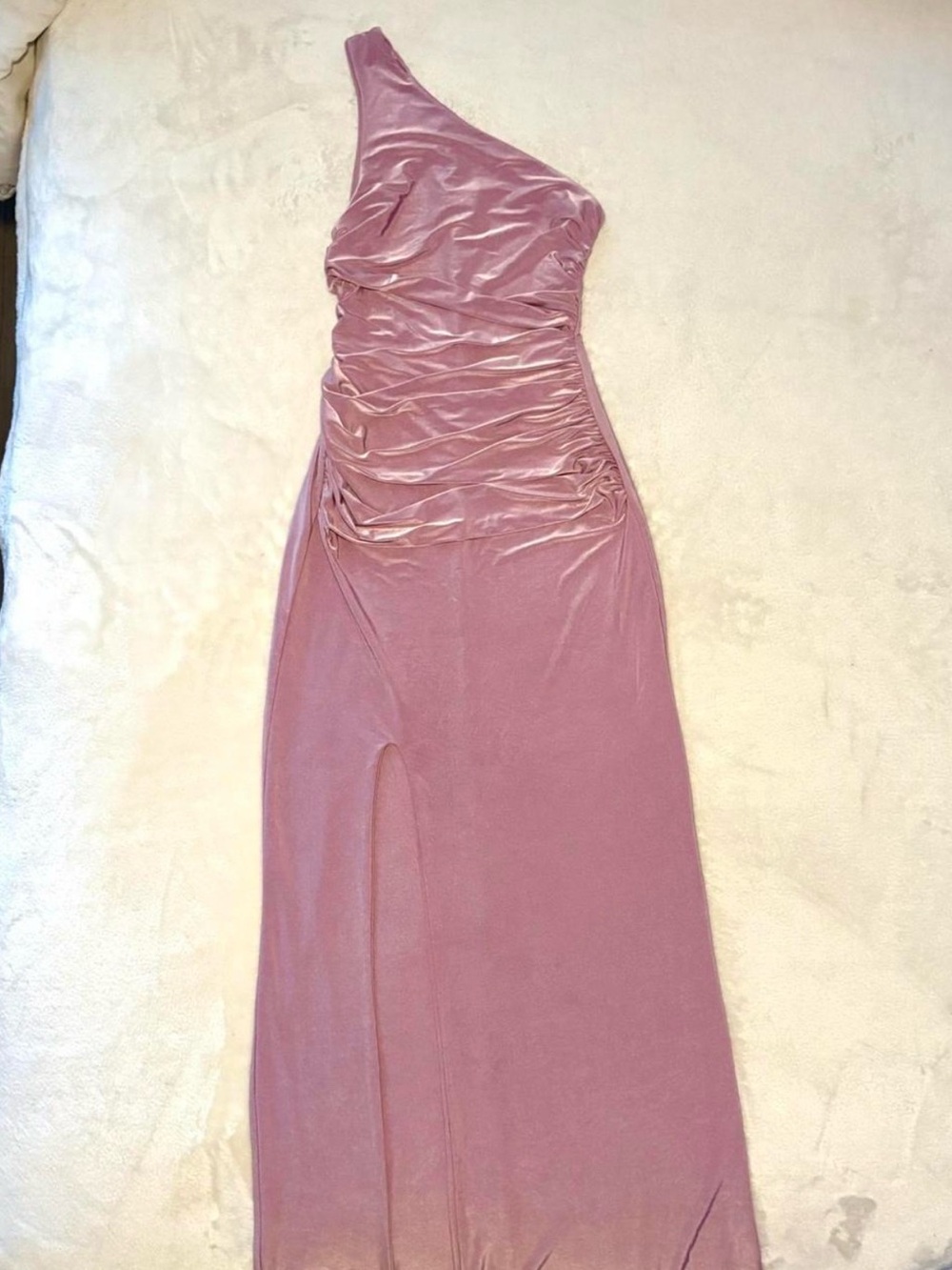 Lilac Shimmer Formal Stretch One-Shoulder Ruched Maxi Dress in Dusty Rose